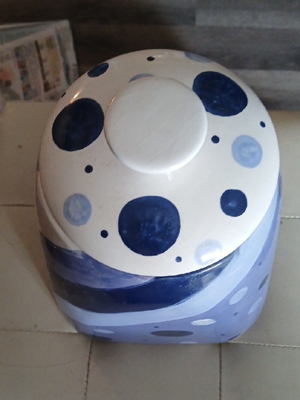 Ceramic Food Storage Canister - Lavender Dot & Stripe. 11 Inches Tall - Picture 2 of 3